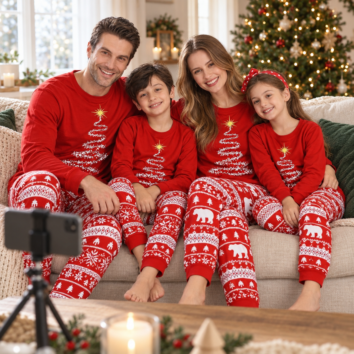 Family in red Starlit Tree Christmas pyjamas posing for a phone on a tripod