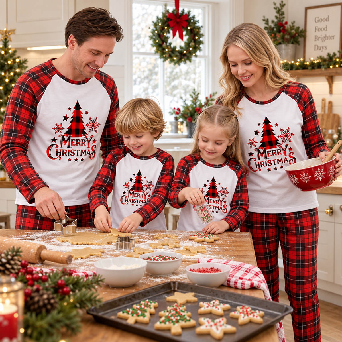 Family wearing merry christmas plaid family pyjamas together