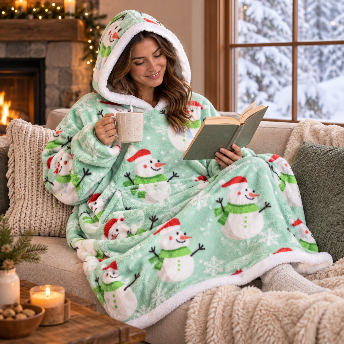 Adult wearing mint snowman oversized blanket hoodie while reading
