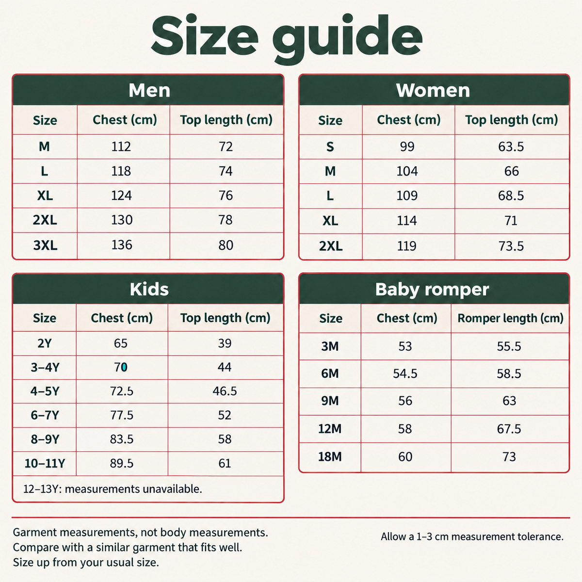 Size guide for Merry Christmas Plaid Family Pyjamas. Garment measurements in cm for men, women, kids and baby. Size up from your usual size. Select the image and zoom to read the measurement tables.