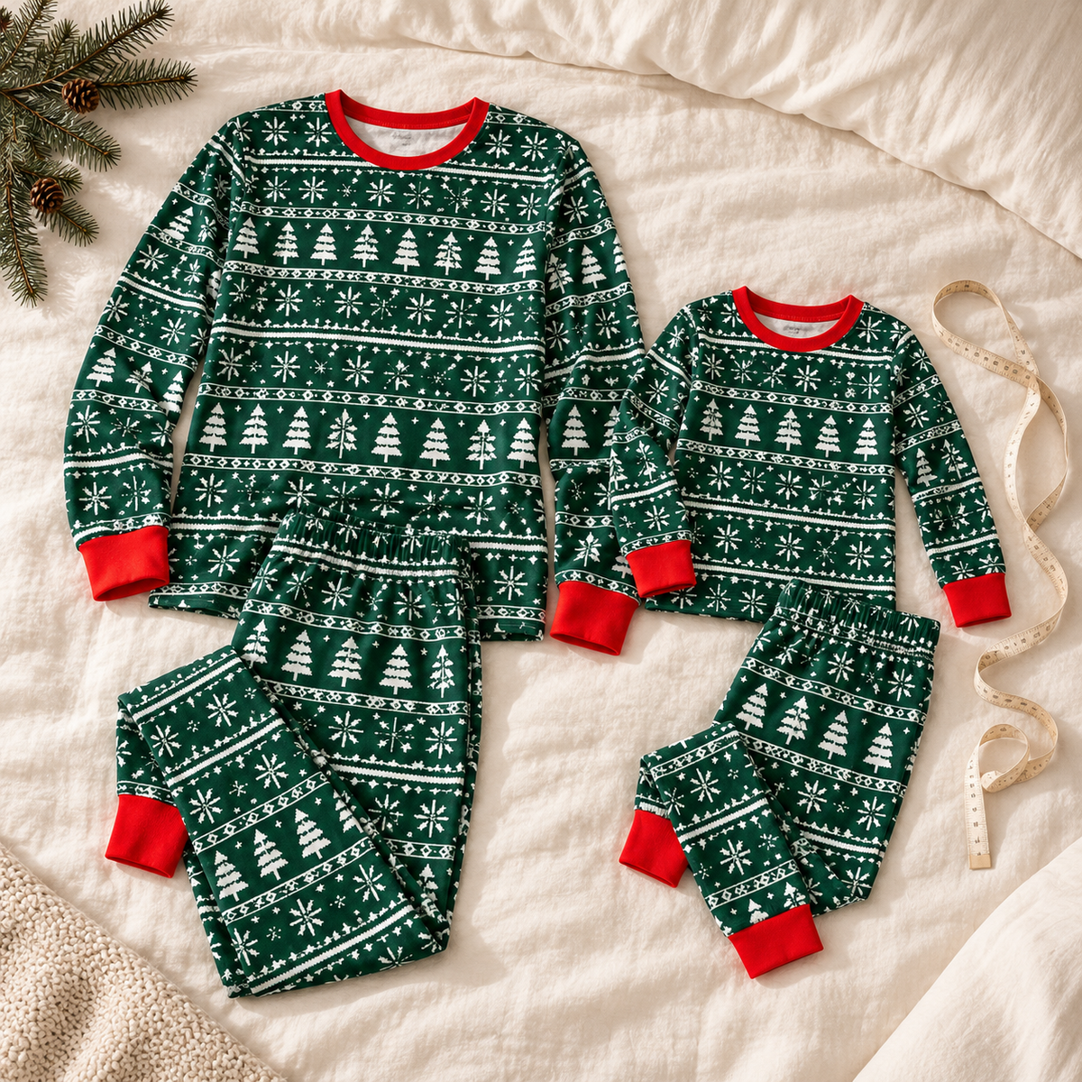 Evergreen family Christmas pyjamas in adult and child sizes laid beside a measuring tape