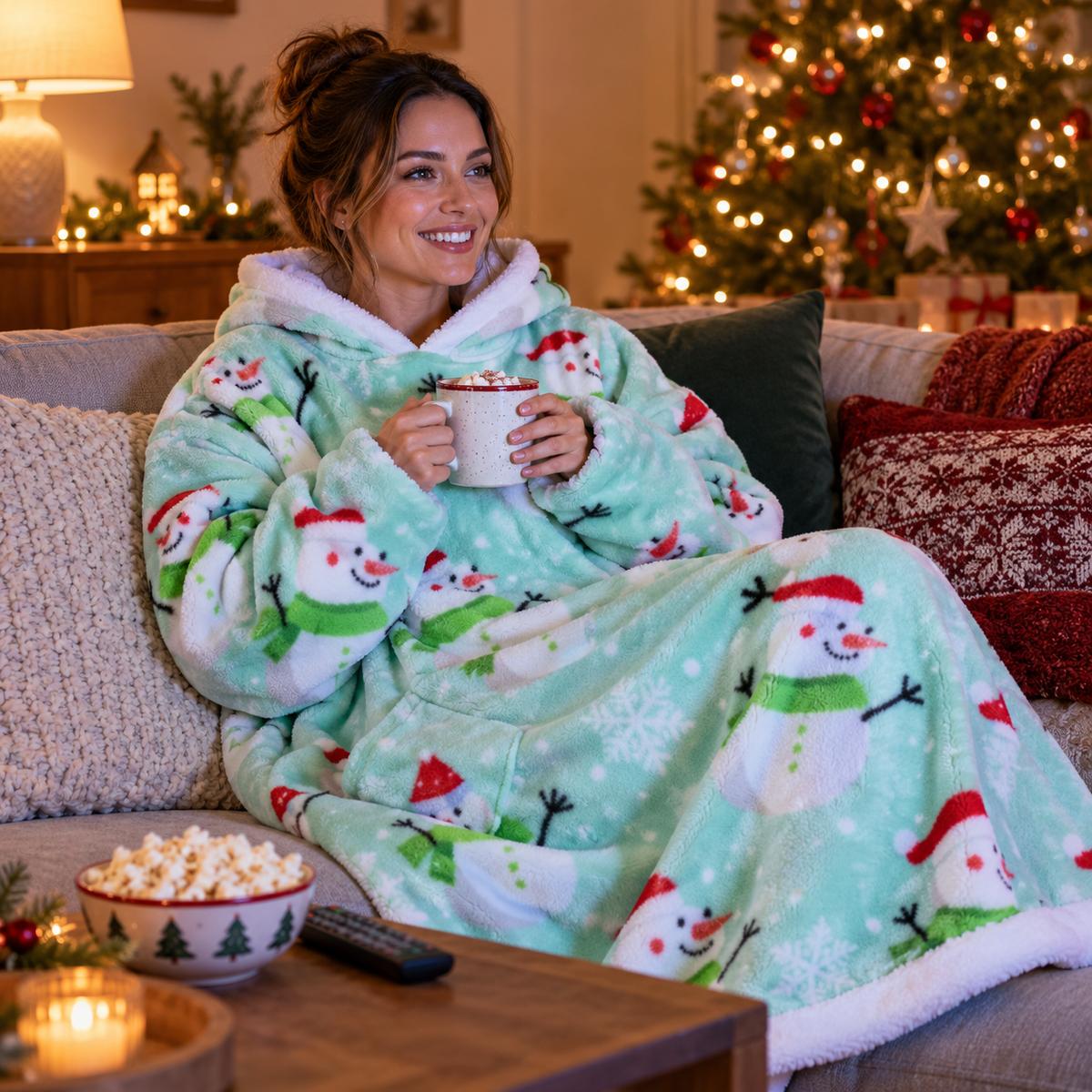 Woman wearing the mint Snowman blanket hoodie with a mug during a Christmas film night