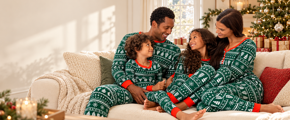 Family wearing evergreen Christmas pyjamas beside the tree