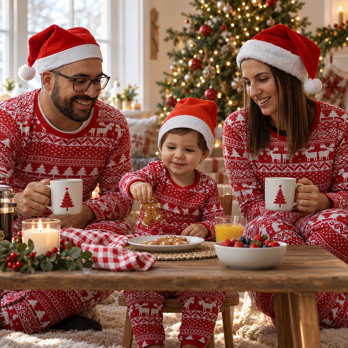Family wearing red nordic family christmas pyjamas together
