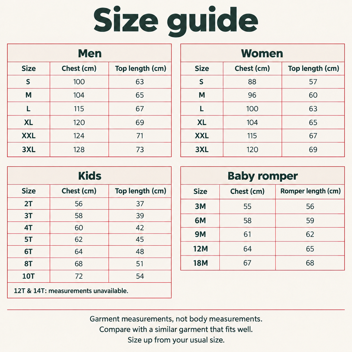 Size guide for Evergreen Family Christmas Pyjamas. Garment measurements in cm for men, women, kids and baby. Size up from your usual size. Select the image and zoom to read the measurement tables.
