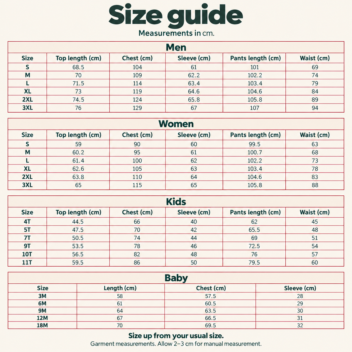 Size guide for Red Nordic Family Christmas Pyjamas. Garment measurements in cm for men, women, kids and baby. Size up from your usual size. Select the image and zoom to read the measurement tables.